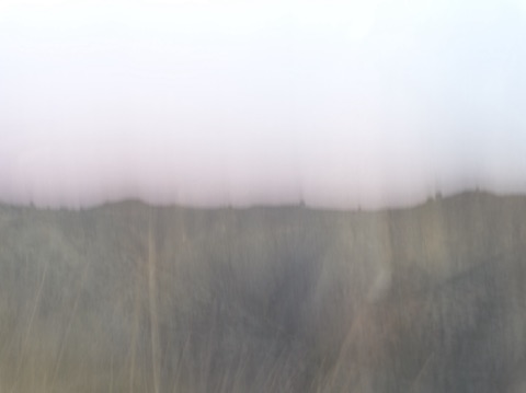 Prairie et brume blanche, paysage gravé par le mouvement de l'appareil